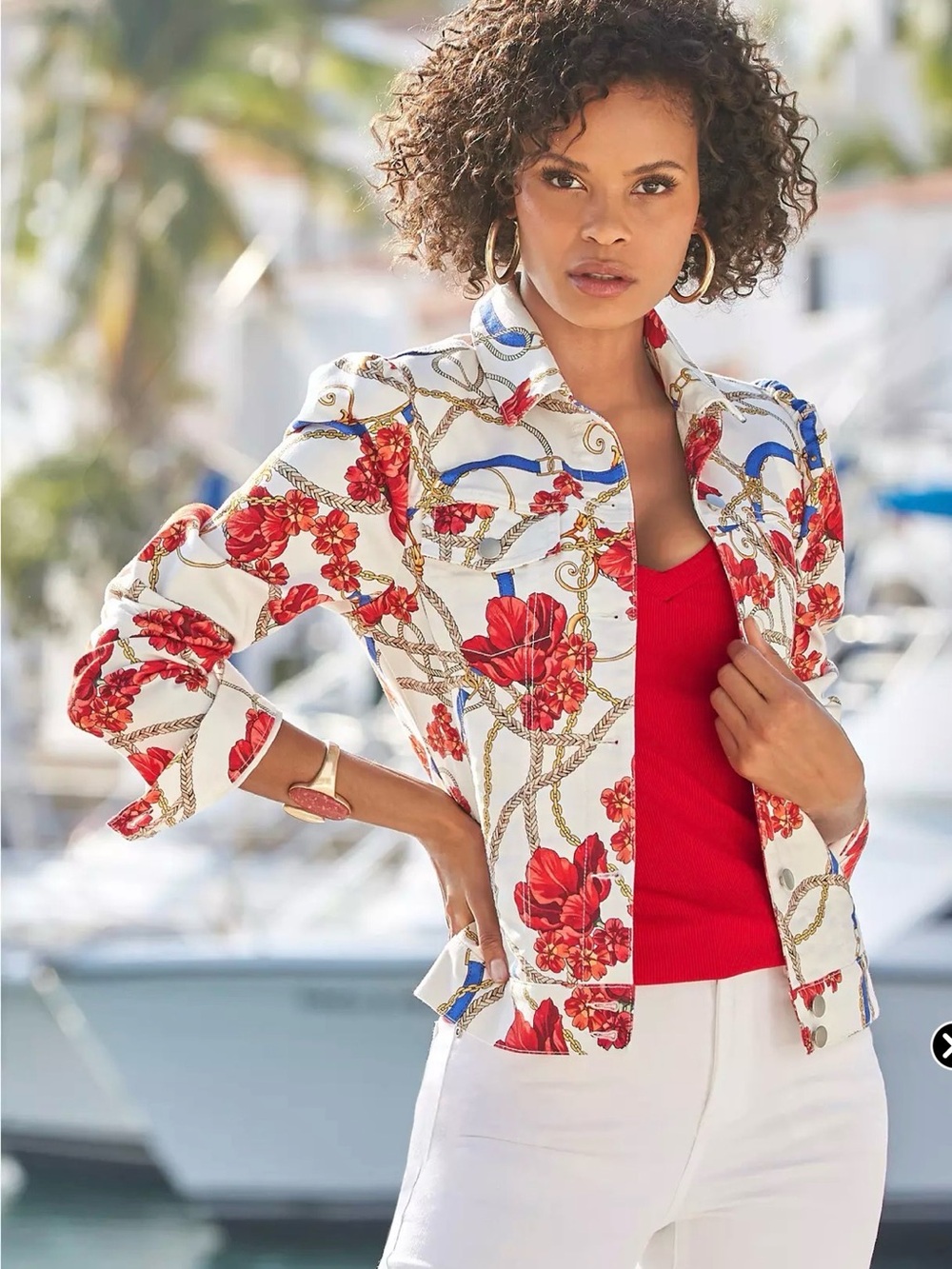 Boston Proper White Floral Print Blazer with Orange Accents